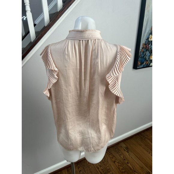 FRAME Pleated Flutter Sleeve Keyhole Satin Blouse in Parchment Size Large - Picture 5 of 5